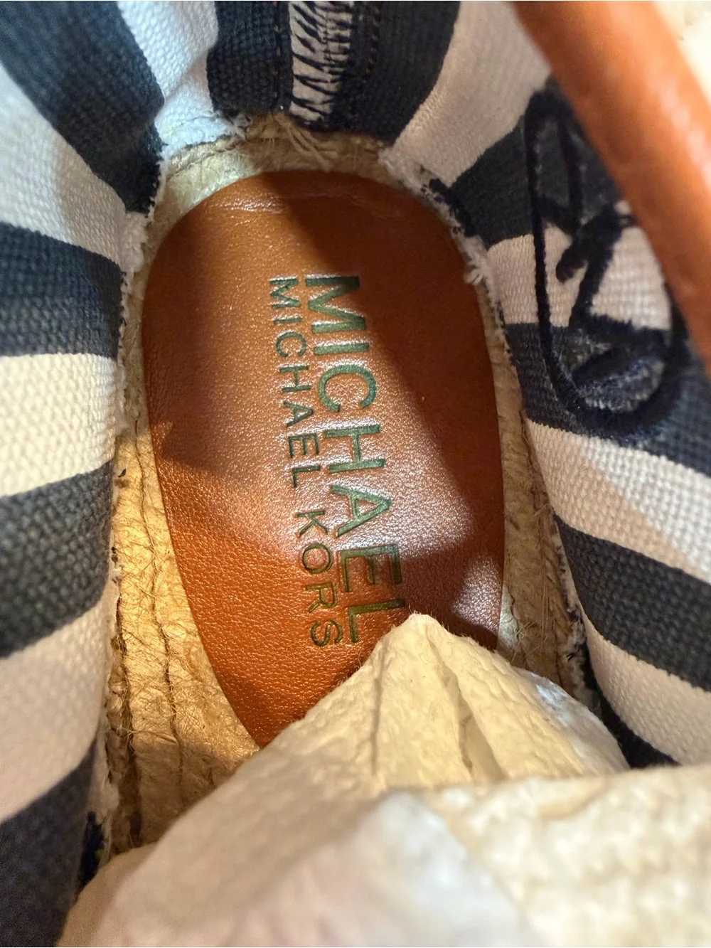Michael Kors Black and White Striped Espadrille Insole with Tan Trim